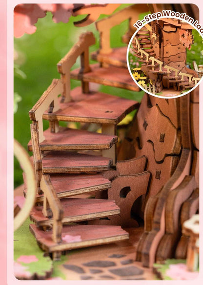 Wooden puzzle with a spiral staircase and detailed design of Sakura Tree House 3D Wooden Puzzle