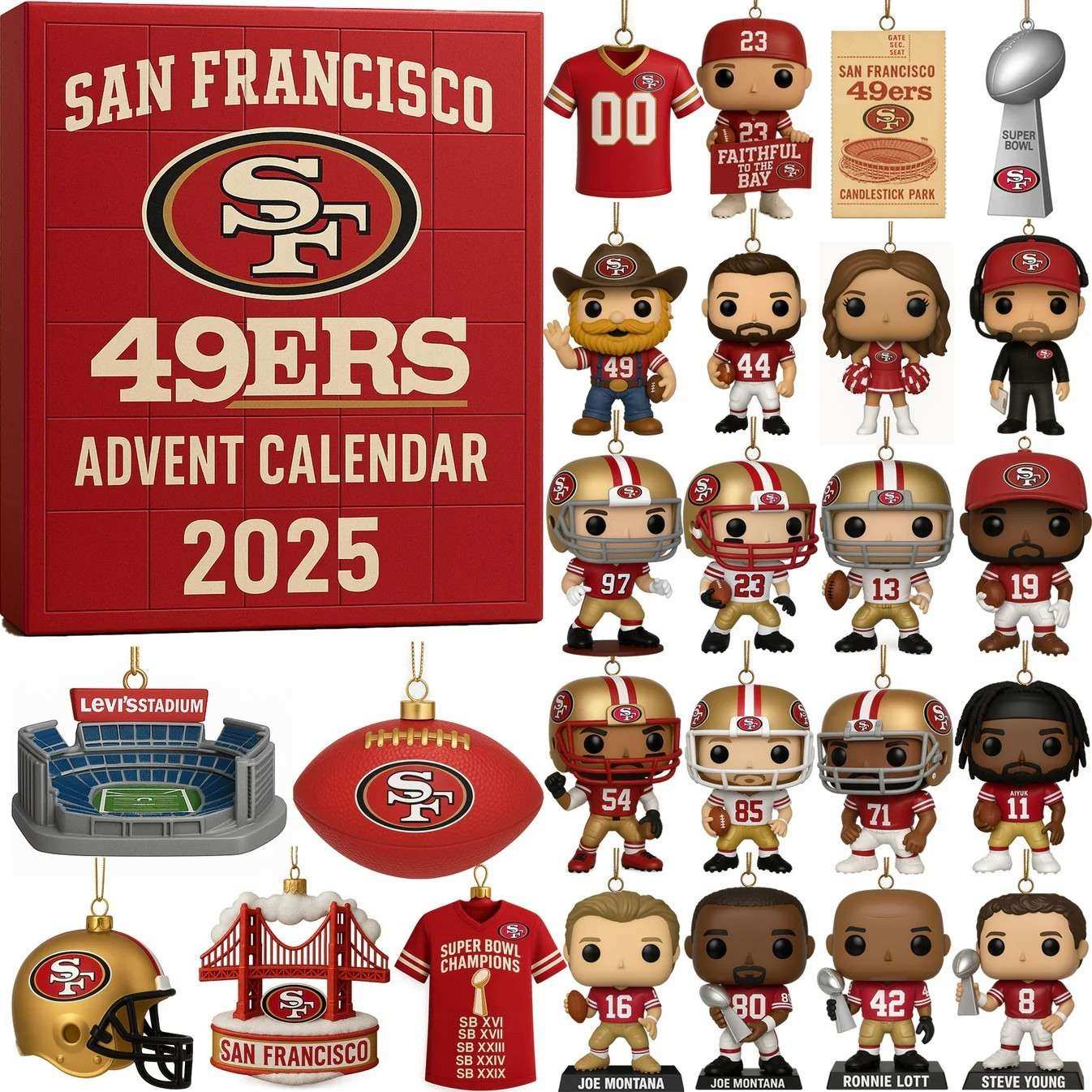 San Francisco 49ers 2025 Advent Calendar with various themed ornaments