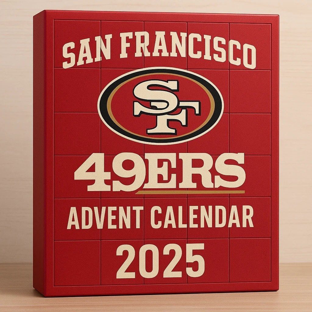 Red advent calendar with San Francisco 49ers logo and '2025' text on a beige background