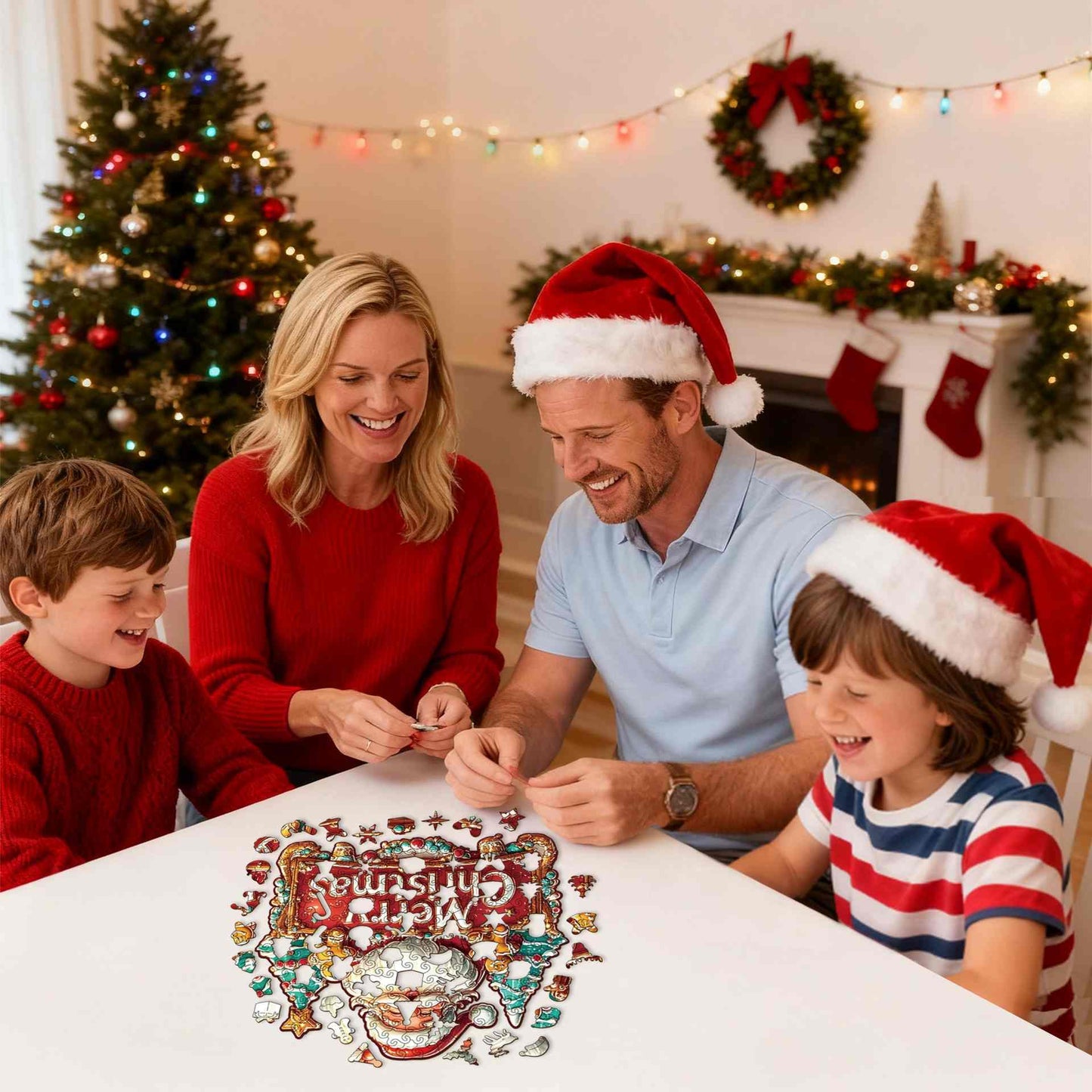 Santa Merry Christmas Banner Wooden Jigsaw Puzzle