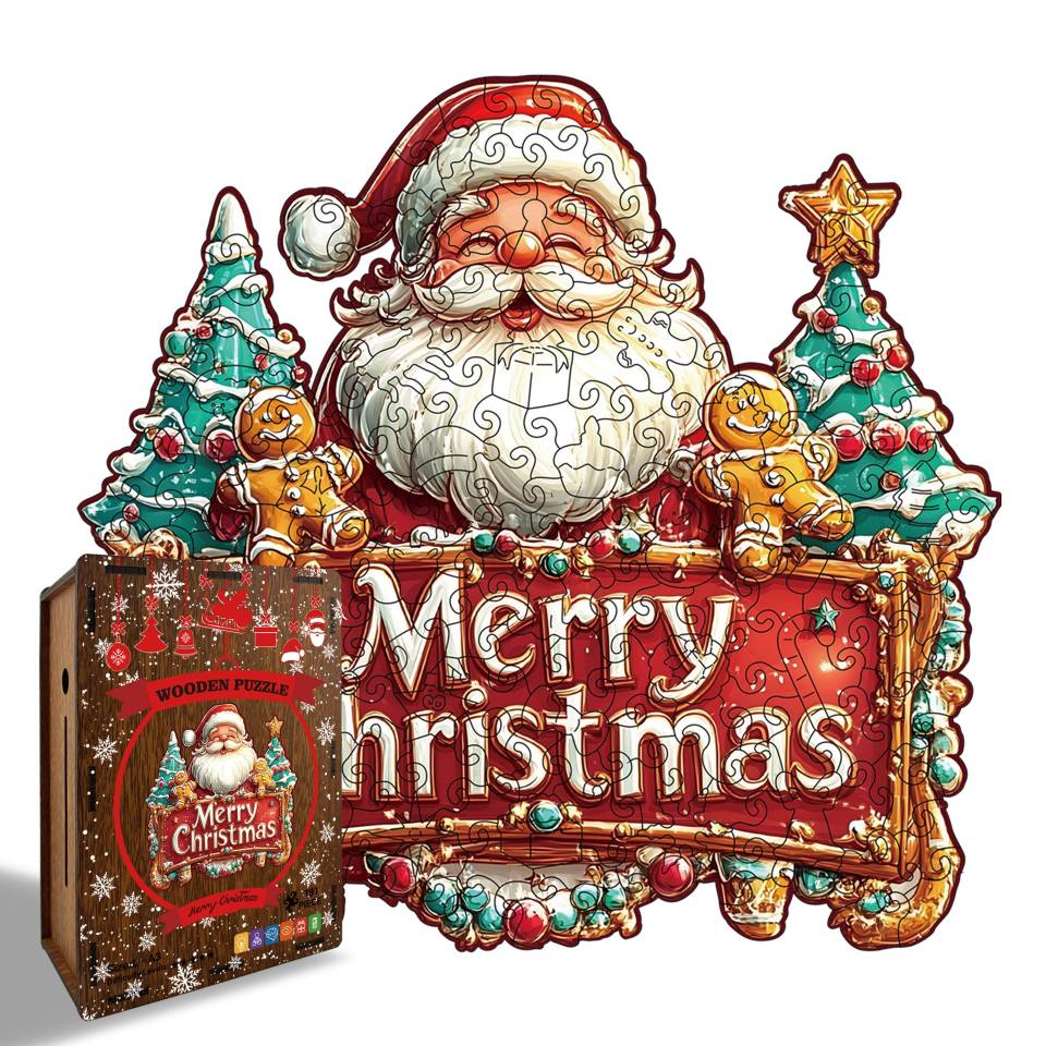 Santa Merry Christmas Banner Wooden Jigsaw Puzzle