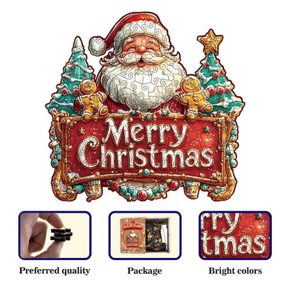 Santa Merry Christmas Banner Wooden Jigsaw Puzzle