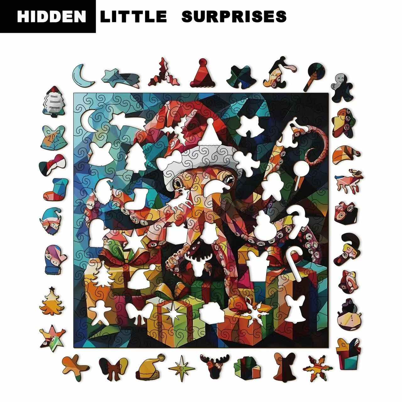 Colorful puzzle with Santa Claus and presents on a white background, featuring the text 'Hidden Little Surprises'.