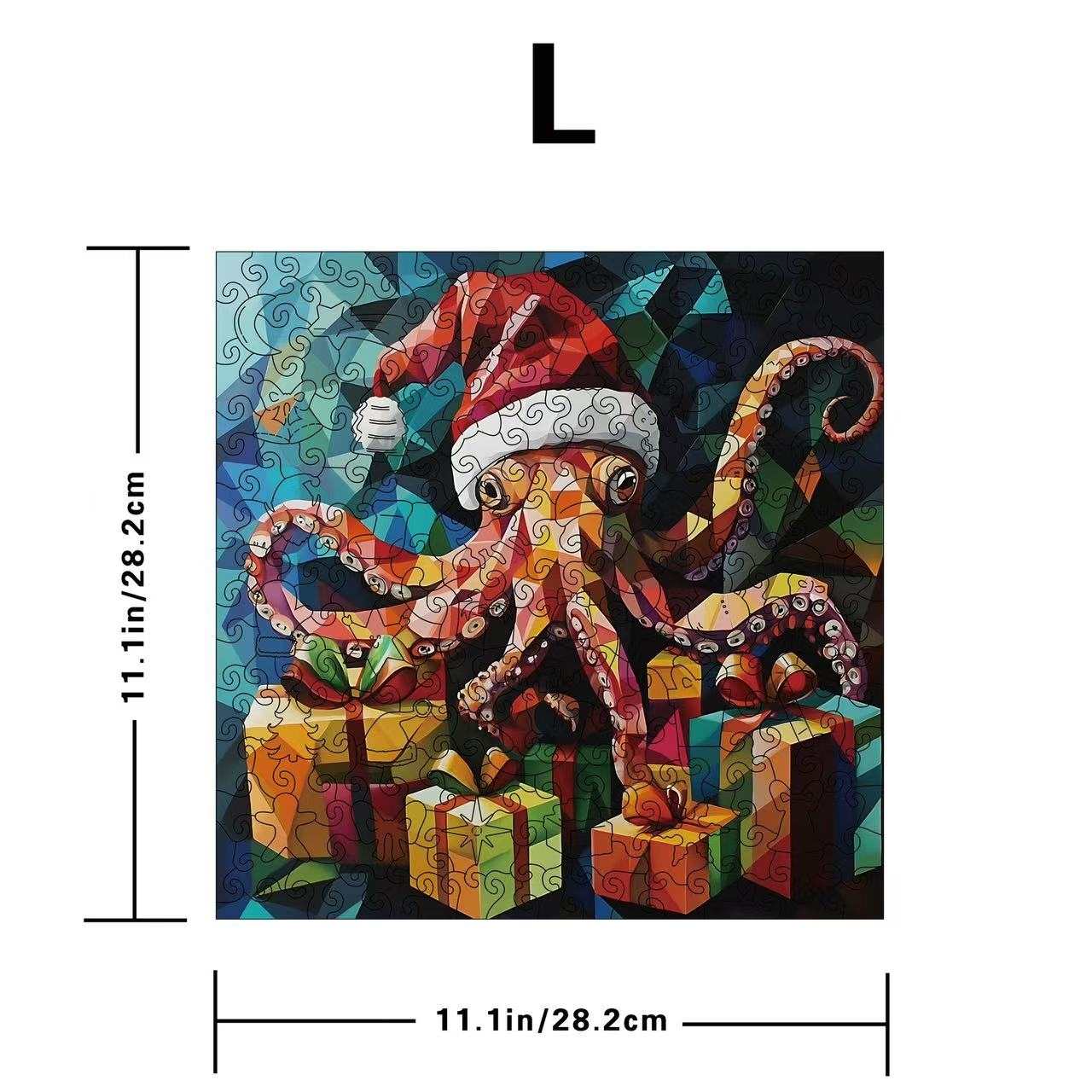 Colorful octopus painting with gift boxes and Santa hat, featuring dimensions on a white background.