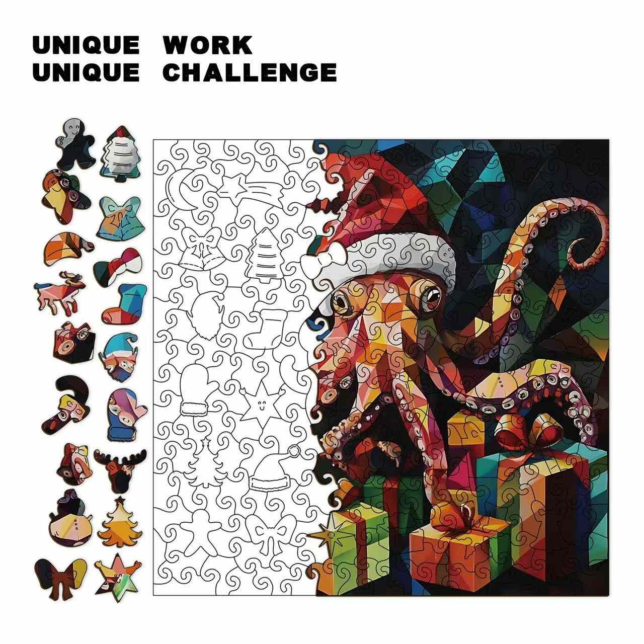Colorful puzzle with an octopus and gift boxes, surrounded by various shaped stickers on a white background.