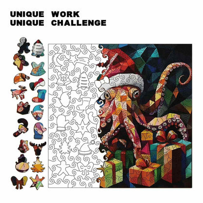 Colorful puzzle with an octopus and gift boxes, surrounded by various shaped stickers on a white background.