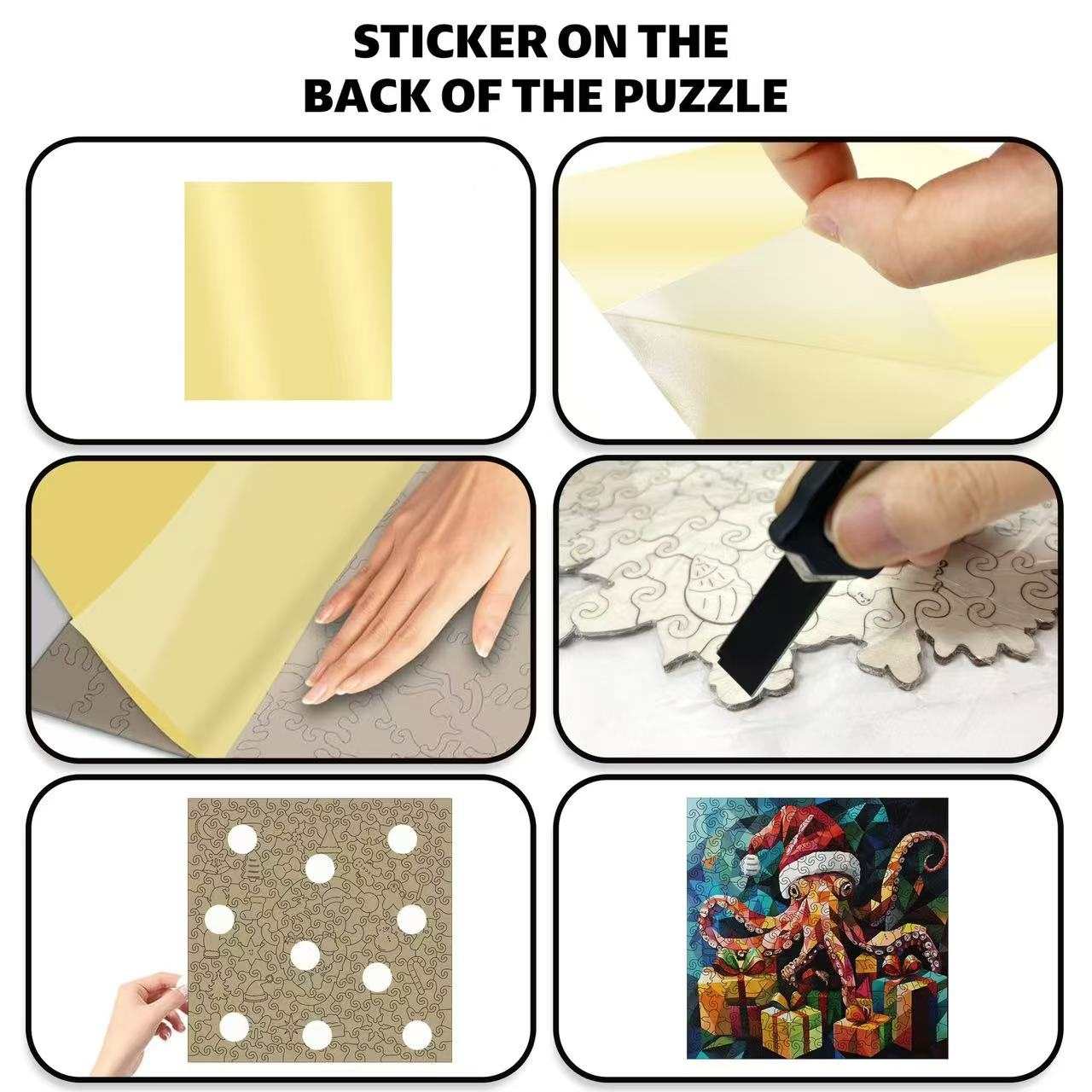 Step-by-step guide on applying a sticker to the back of a puzzle with a Christmas-themed image.