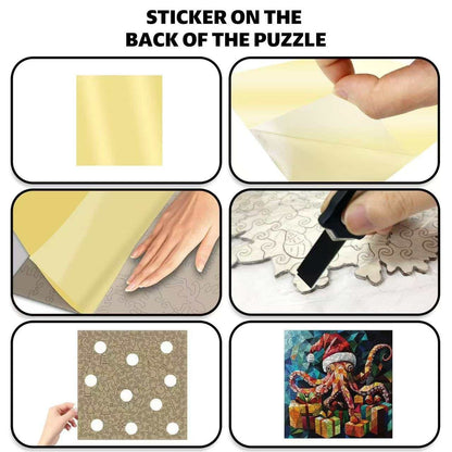 Step-by-step guide on applying a sticker to the back of a puzzle with a Christmas-themed image.