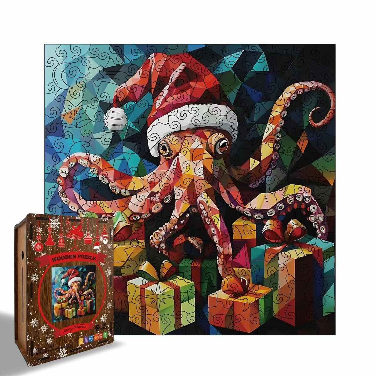 Colorful octopus puzzle with Santa hat surrounded by presents, next to a box of the puzzle.