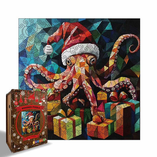 Colorful octopus puzzle with Santa hat surrounded by presents, next to a box of the puzzle.