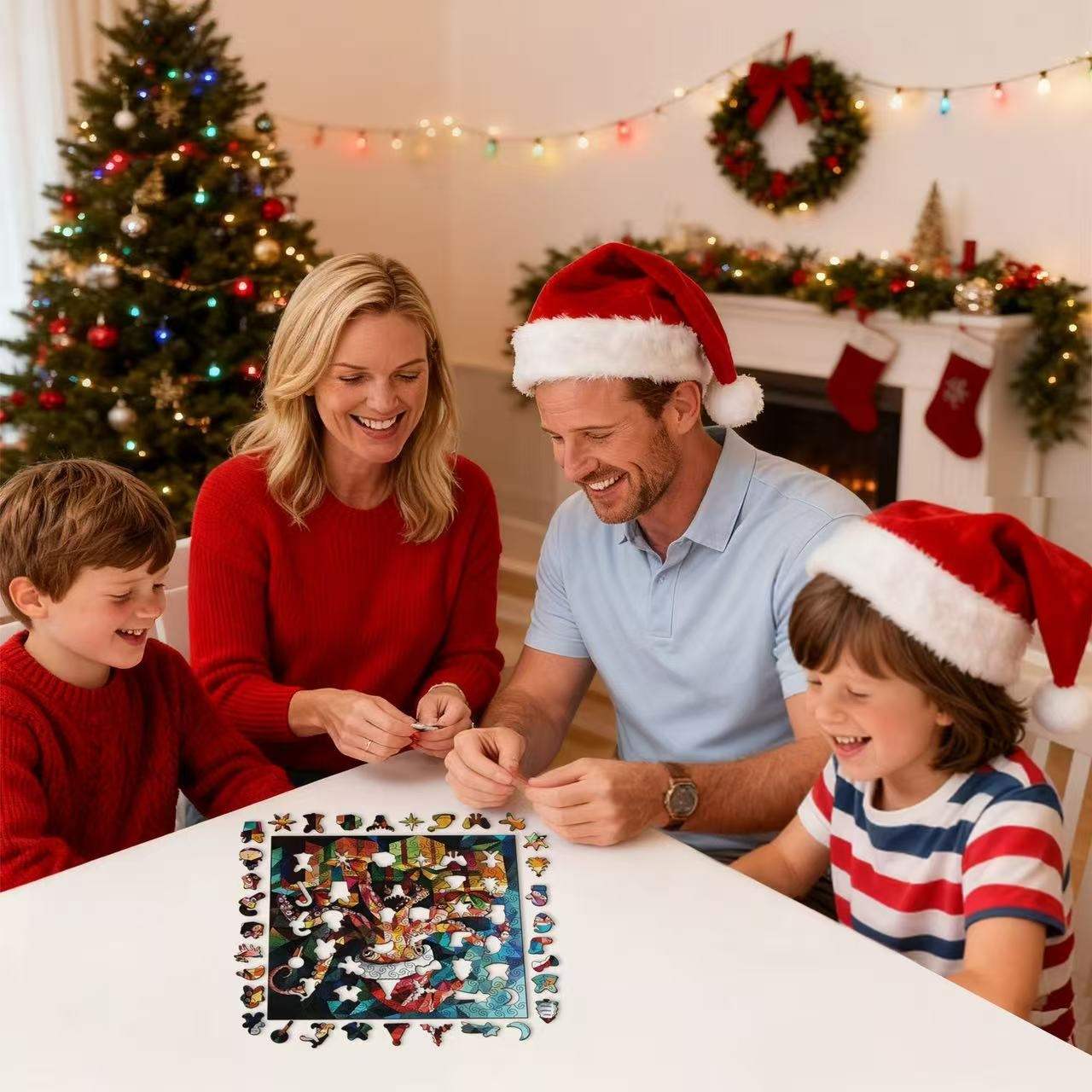 Family of four, including two children, sitting around a table with a Christmas puzzle, decorated room with tree and wreath in the background.