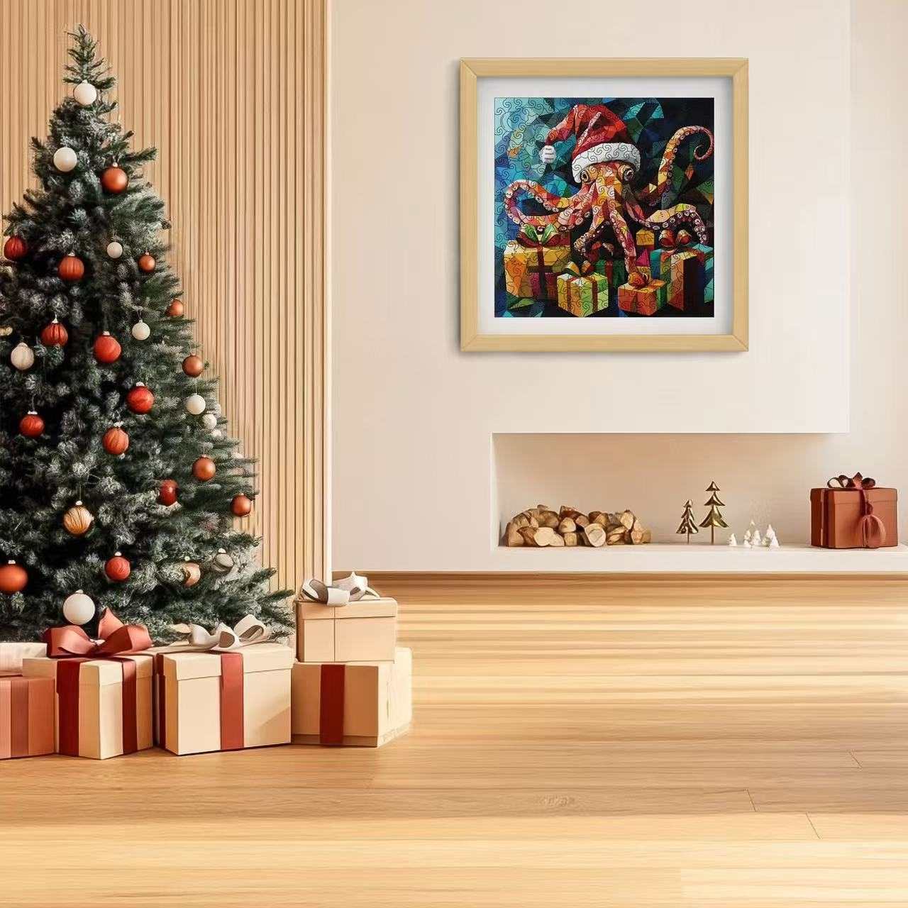 Decorated Christmas tree with presents and a framed wooden puzzle of a Santa octopus on a wall.
