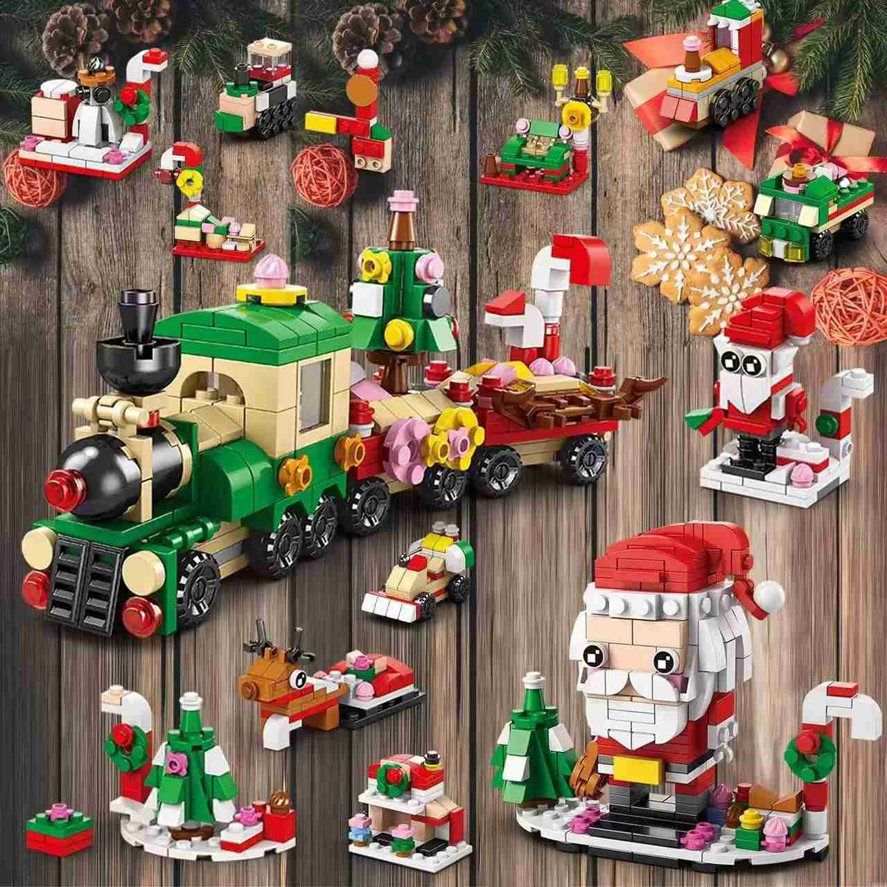 image displaying the Santa and Christmas train models and other miniature figures of the Santa and Train Advent Calendar Building Blocks set