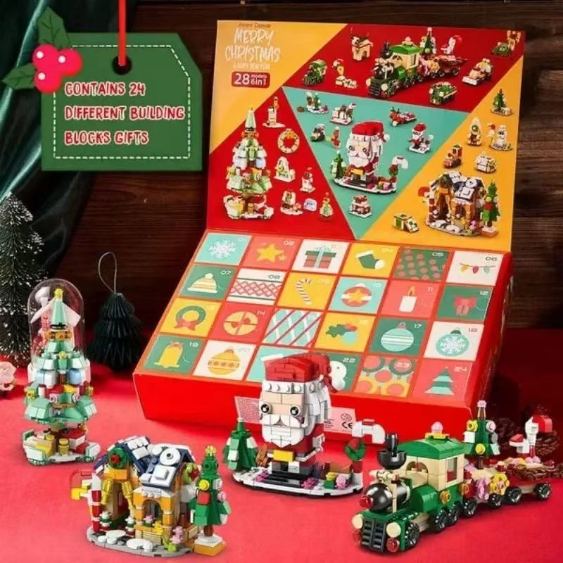 image displaying the box of Santa and Christmas train models of the Santa and Train Advent Calendar Building Blocks set