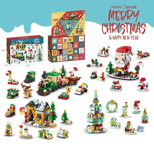 image displaying all the miniatures and models, package of the Santa and Train Advent Calendar Building Blocks set