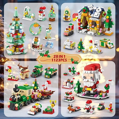 image displaying the 28 mini models of the Santa and Train Advent Calendar Building Blocks set