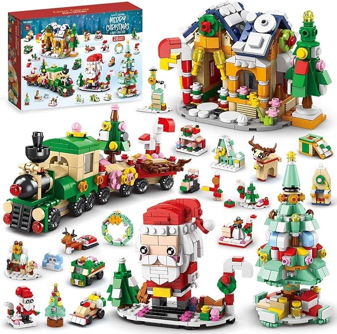 image displaying all the Santa, train, cottage and tree models and package of the Santa and Train Advent Calendar Building Blocks set