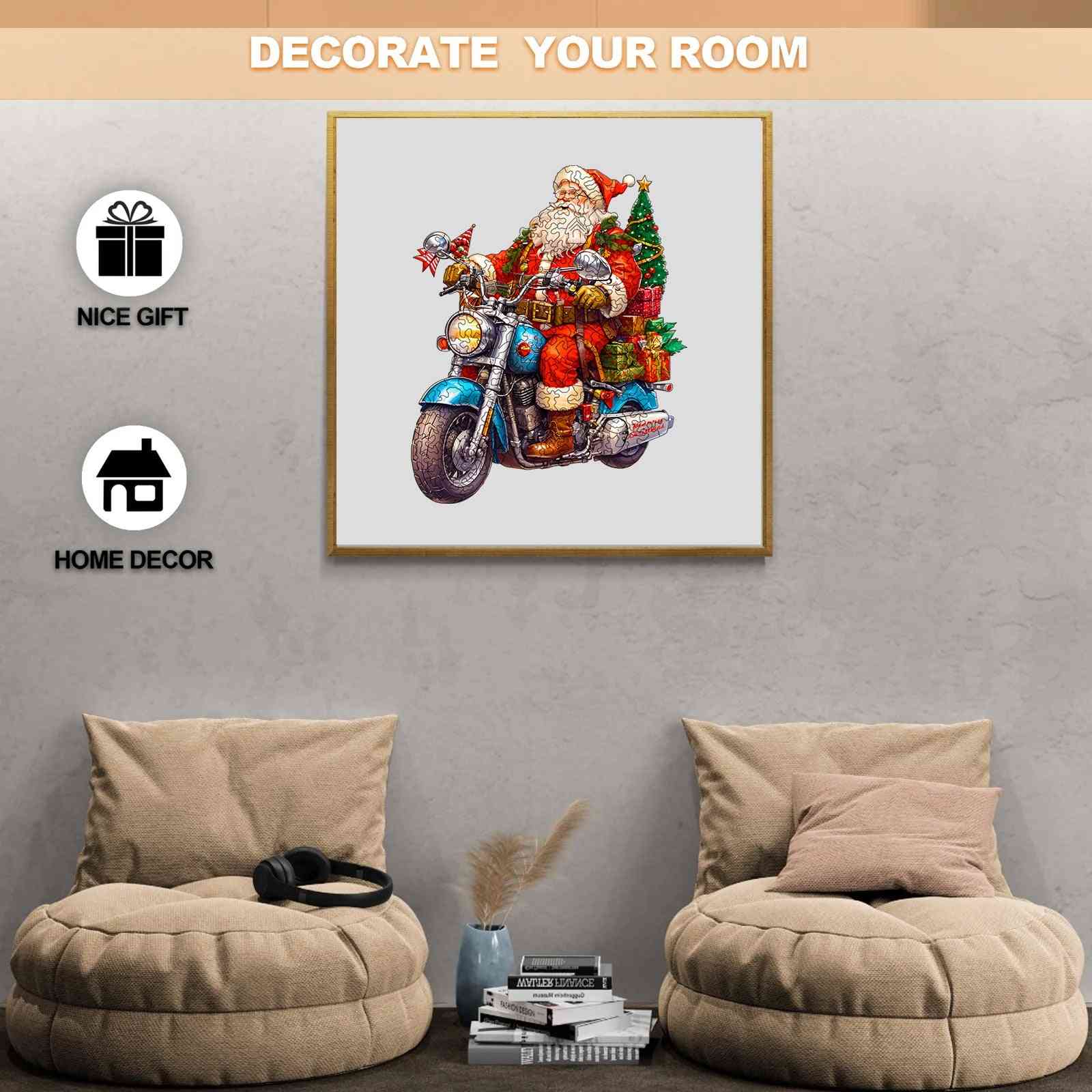 image displaying the assembled Santa on Motorcycle Wooden Jigsaw Puzzles on the wall as a decoration