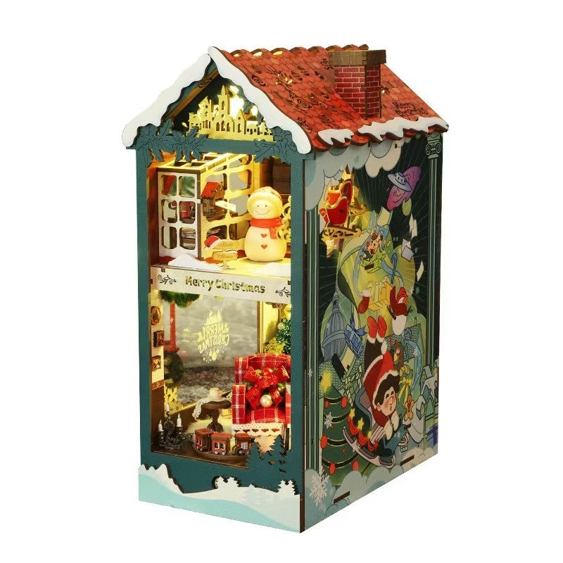 image displaying right side of the assembled Santa's Christmas House DIY Book Nook Kit in white background