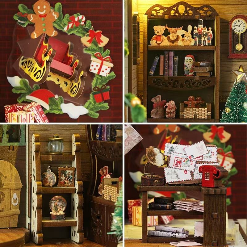 image displaying four miniature scenes in the assembled Santa's Christmas House DIY Book Nook Kit