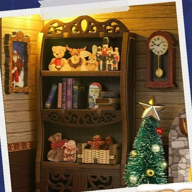 image displaying miniature cabinet full of Santa's things the assembled Santa's Christmas House DIY Book Nook Kit