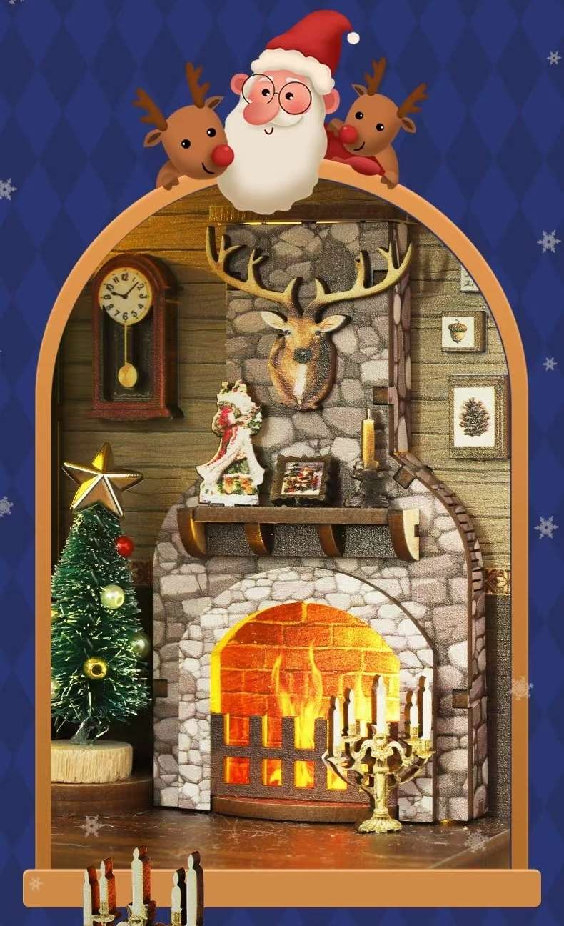 image displaying miniature fireplace in the assembled Santa's Christmas House DIY Book Nook Kit