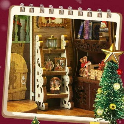 image displaying miniature shelf in the assembled Santa's Christmas House DIY Book Nook Kit