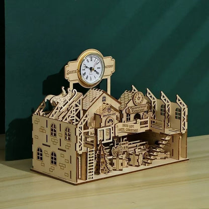 image displaying assembled Santa’s Workshop 3D Wooden Puzzle on table