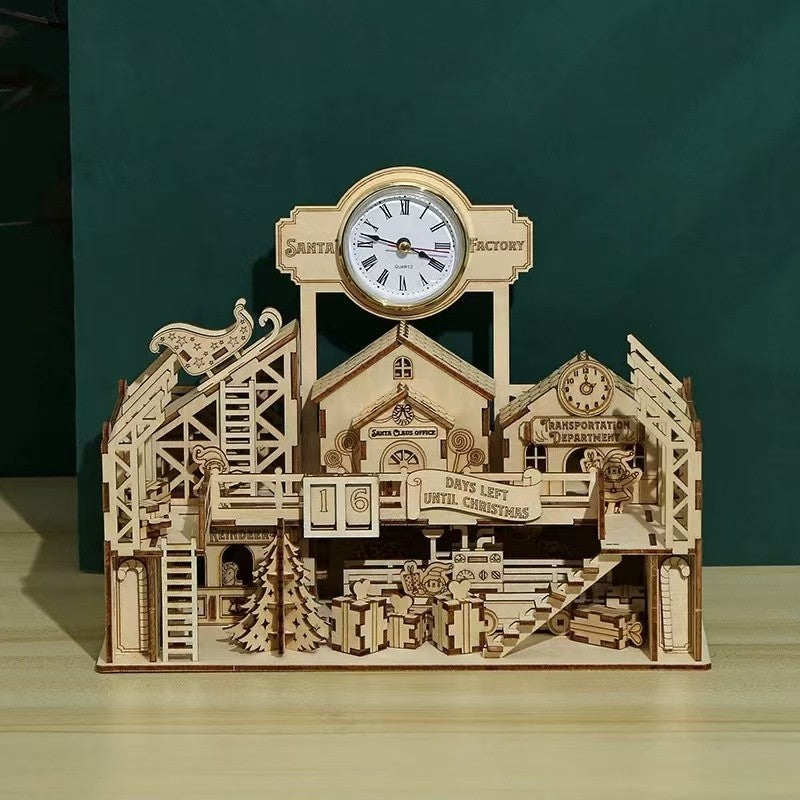 image displaying front side of assembled Santa’s Workshop 3D Wooden Puzzle on table