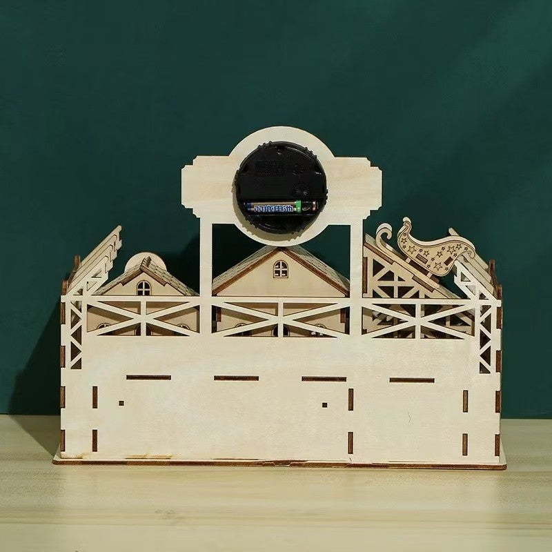 image displaying backside of assembled Santa’s Workshop 3D Wooden Puzzle on table