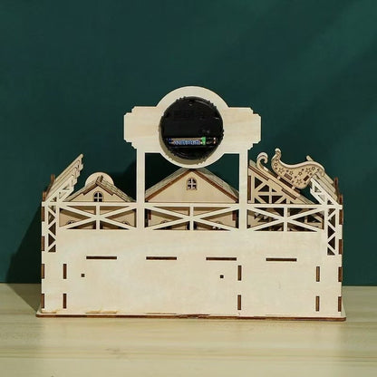 image displaying backside of assembled Santa’s Workshop 3D Wooden Puzzle on table