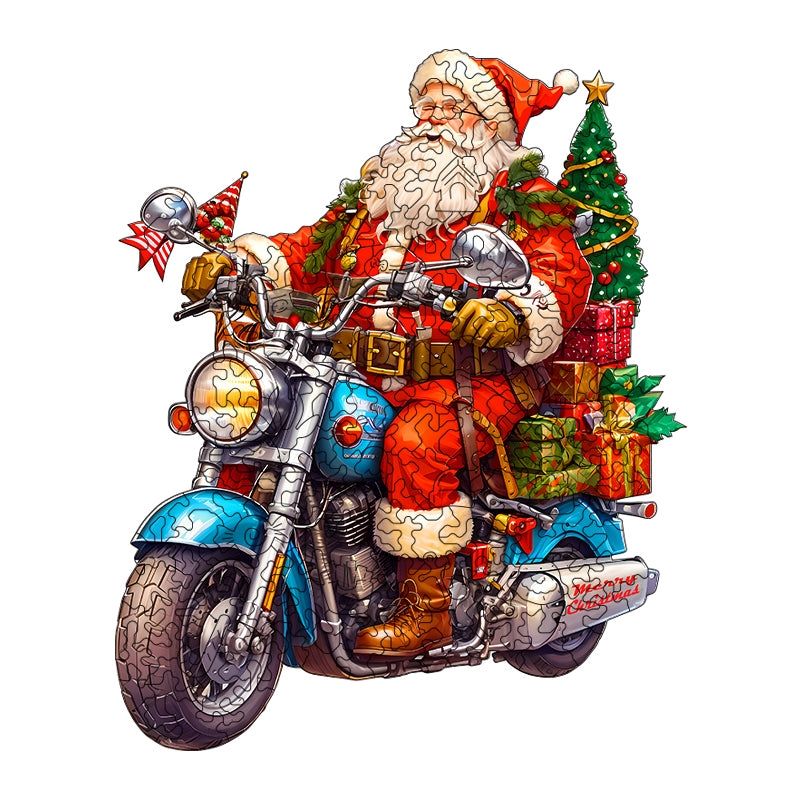 image displaying the assembled Santa on Motorcycle Wooden Jigsaw Puzzles