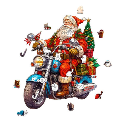 image displaying the holiday-themed shaped puzzles of the Santa on Motorcycle Wooden Jigsaw Puzzles