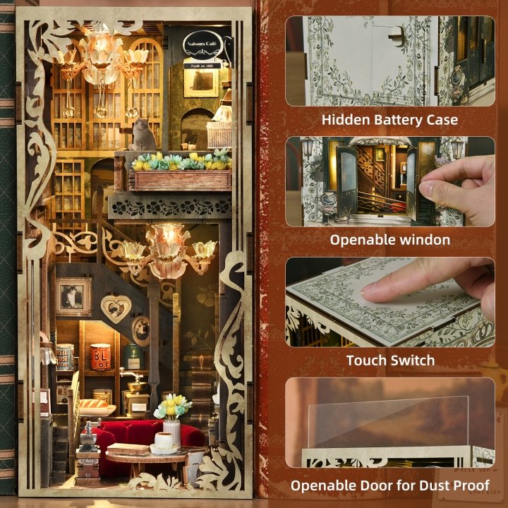 Miniature dollhouse with features highlighted