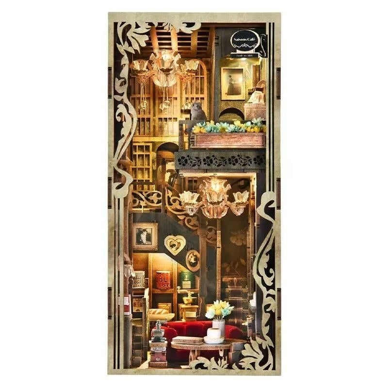 Wooden Book Nook Model with a interior cafe design scene featuring furniture and decor.