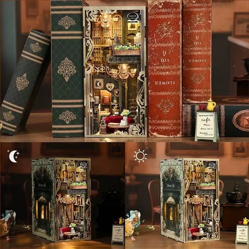 Collage of a miniature model of a cafe inside a book nook box with detailed interior.