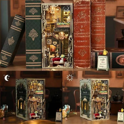 Collage of a miniature model of a cafe inside a book nook box with detailed interior.