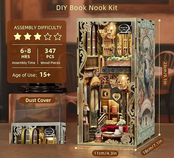 DIY Book Nook Kit packaging with assembly details and product dimensions.