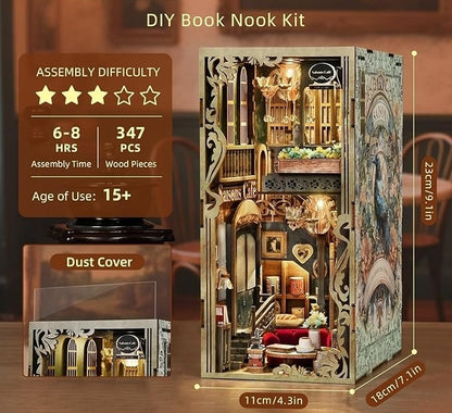 DIY Book Nook Kit packaging with assembly details and product dimensions.