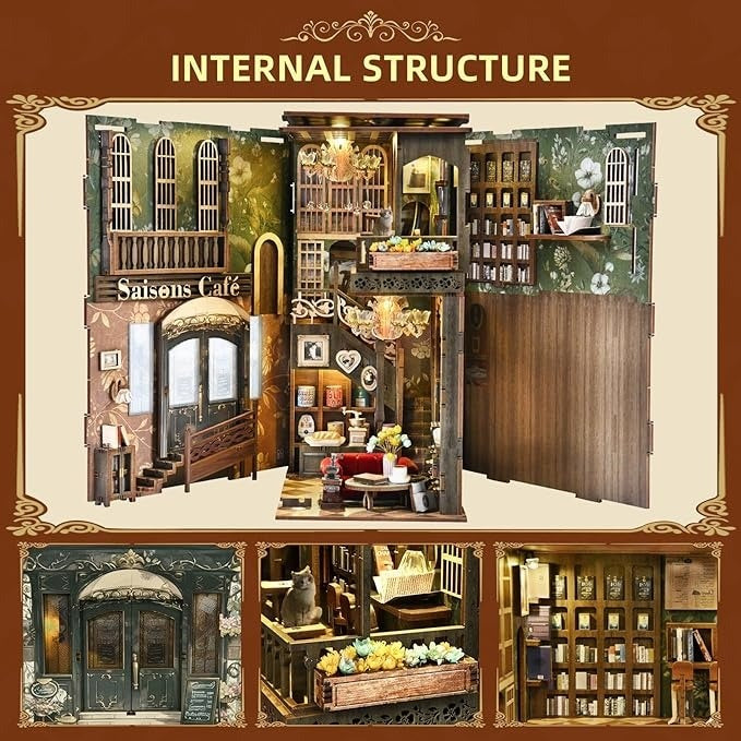 Collage of a detailed model of a cafe interior with various elements and furniture.