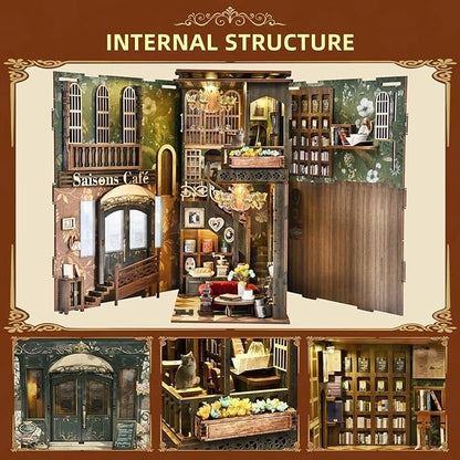 Collage of a detailed model of a cafe interior with various elements and furniture.