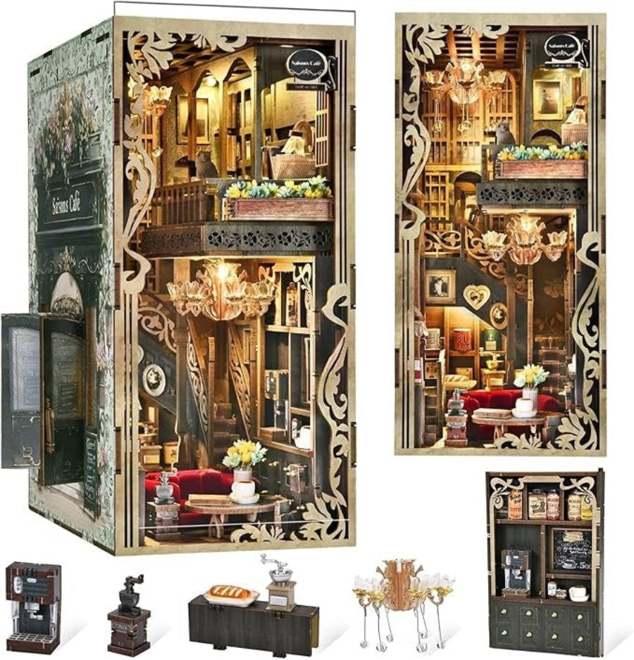 Detailed Book Nook Model of a miniature cafe with various furniture and decor elements.
