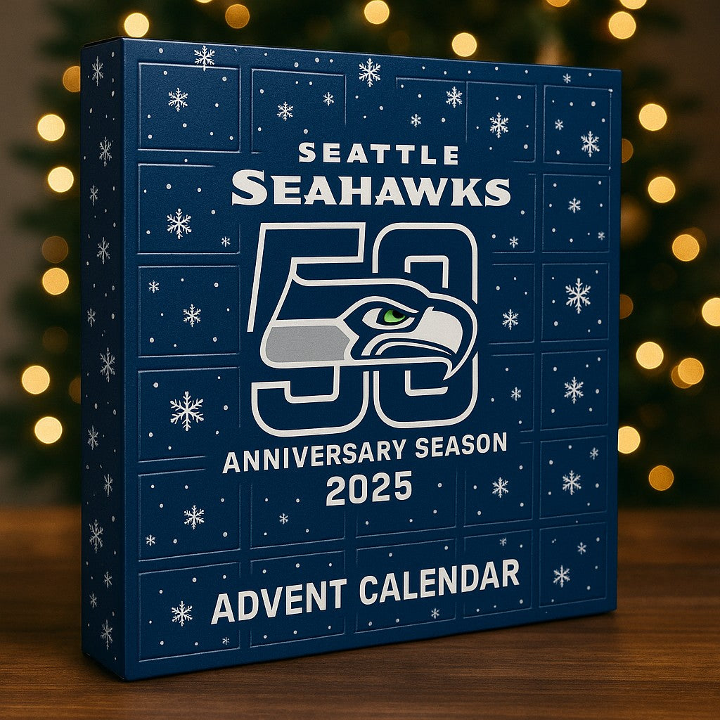 Seattle Seahawks 50th Anniversary Season 2025 Advent Calendar with decorative lights in the background