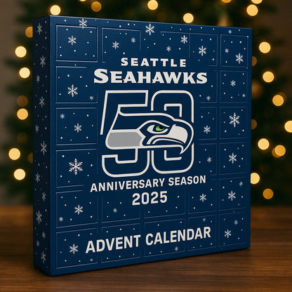 Seattle Seahawks 50th Anniversary Season 2025 Advent Calendar with decorative lights in the background