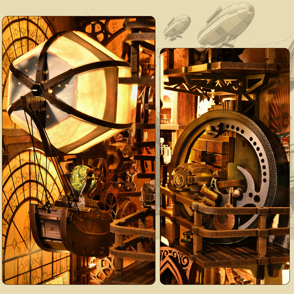 image displaying the lit steampunk airship and wheels of motorcycle in the finished Uncle Peter’s Steampunk Workshop DIY Book Nook Kit