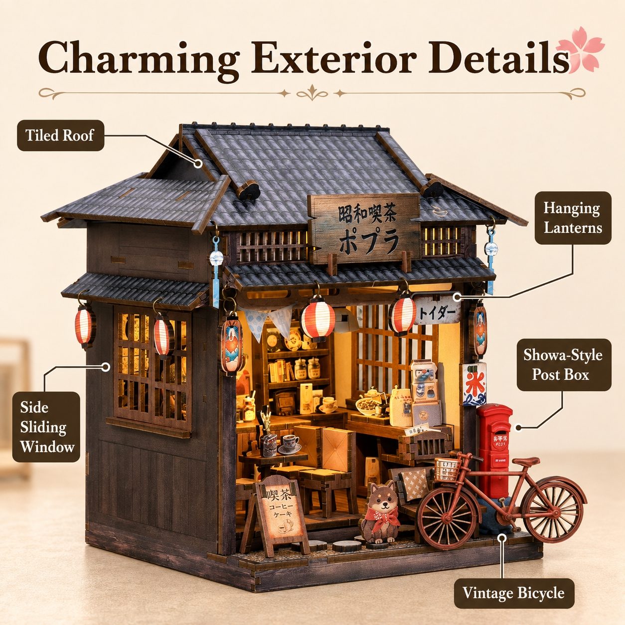A detailed miniature Japanese-style shop building with labeled callouts pointing out features such as the tiled roof, hanging lanterns, side sliding window, showa-style post box, and vintage bicycle. The image includes the headline 'Charming Exterior Details' on a warm beige background.