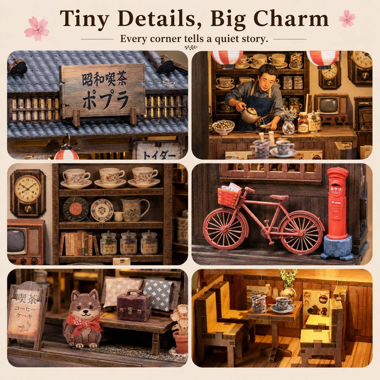 A collage of six miniature diorama scenes with Japanese-inspired rustic details, including a shop counter, shelves, bicycle, mailbox, bench, and small animal figure. Text at the top reads 'Tiny Details, Big Charm' and 'Every corner tells a quiet story.