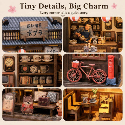 A collage of six miniature diorama scenes with Japanese-inspired rustic details, including a shop counter, shelves, bicycle, mailbox, bench, and small animal figure. Text at the top reads 'Tiny Details, Big Charm' and 'Every corner tells a quiet story.