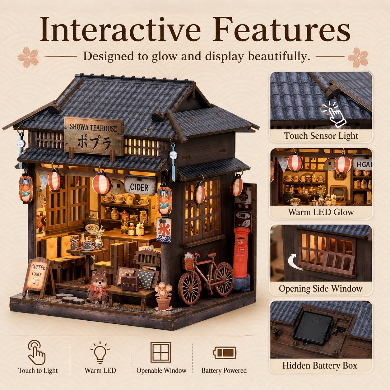 A miniature Japanese-style tea house model with warm LED lighting, shown on a beige background with feature callouts including touch sensor light, warm LED glow, opening side window, and hidden battery box.