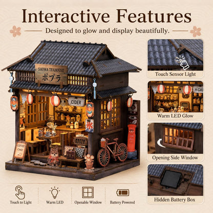 A miniature Japanese-style tea house model with warm LED lighting, shown on a beige background with feature callouts including touch sensor light, warm LED glow, opening side window, and hidden battery box.